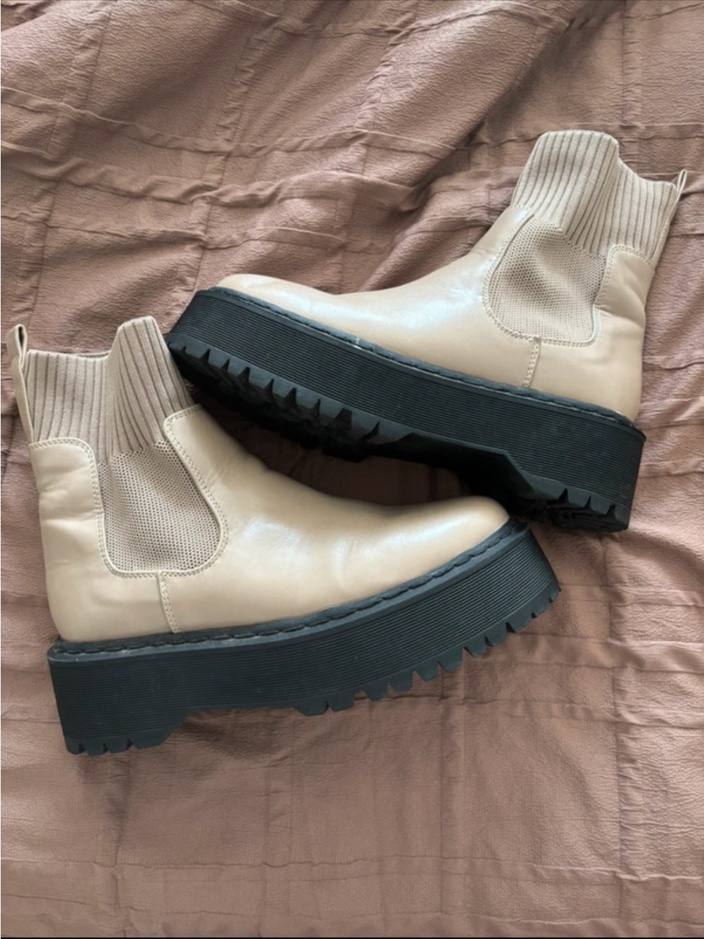Cato Beige Platform Chelsea Booties with Black Lug Sole
